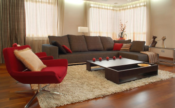 Картинка интерьер гостиная столик яблоки комната мебель красное кресло коричневый диван ковер
