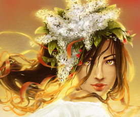 Картинка рисованные люди девушка ленточки листья цветы сирень взгляд глаза волосы губы лицо