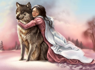 Картинка рисованные люди следы небо зима снег лапы хищник морда взгляд платье лицо руки волк