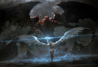 Картинка фэнтези ангелы ангел демон девушка крылья магия скалы