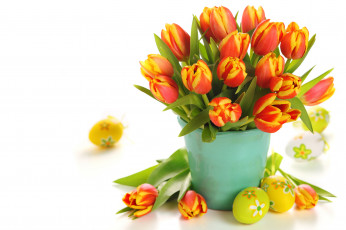 Картинка праздничные пасха тюльпаны цветы яйца крашенки