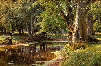 Картинка рисованные peder mork monsted деревья лето лес берега трава олени река животные