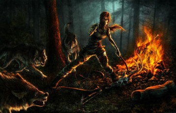 Картинка видео игры tomb raider 2013 ночь костёр лес lara croft волки арт