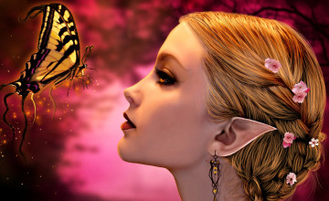 Картинка фэнтези эльфы эльф девушка бабочка цветы волосы уши серьги лицо профиль