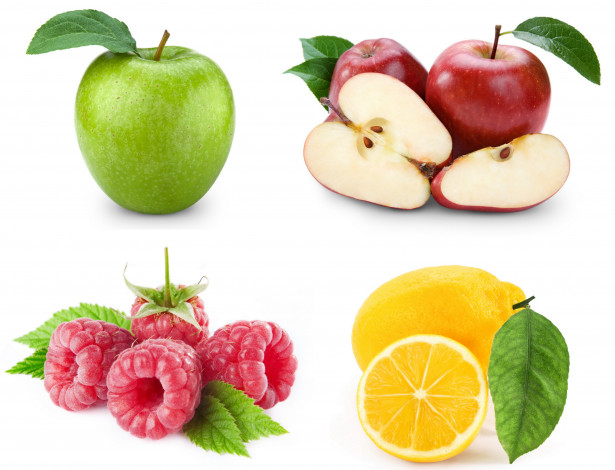 Обои картинки фото еда, фрукты, ягоды, малина, яблоки, лимон