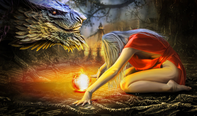Обои картинки фото фэнтези, красавицы, чудовища, девушка, дракон, чучело, шар, блондинка, волосы