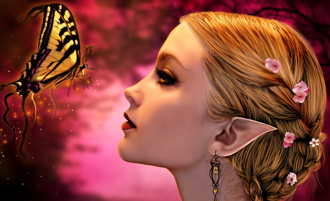 Обои картинки фото фэнтези, эльфы, эльф, девушка, бабочка, цветы, волосы, уши, серьги, лицо, профиль