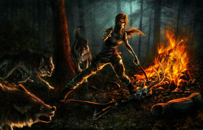 Обои картинки фото видео, игры, tomb, raider, 2013, ночь, костёр, лес, lara, croft, волки, арт