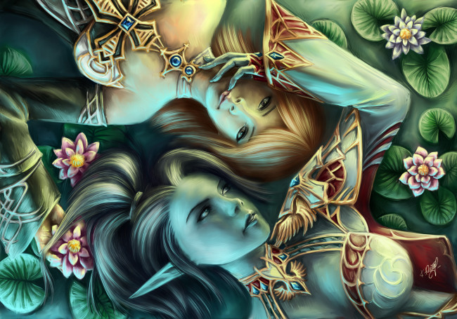 Обои картинки фото фэнтези, эльфы, руки, взгляд, лица, девушки, цветы, лежат, уши, волосы, эльф