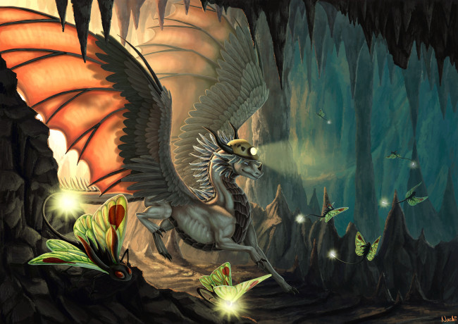 Обои картинки фото фэнтези, существа, крылья, пещера, бабочки, чудо-юдо