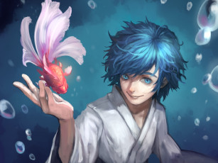 Картинка vocaloid аниме арт вокалоид kaito парень вод водой рыбка пузыри улыбка кимоно