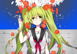Картинка vocaloid аниме школьница hatsune miku девушка лепестки мак арт dasulchan цветы вокалоид форма