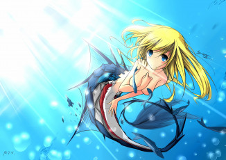 Картинка аниме -animals девушка carbon tan вода хвост рыбки русалка под водой грудь обнажена океан