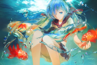 Картинка аниме vocaloid вокалоид школьница рыбки вода девушка bottle miku