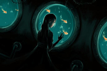 Картинка аниме *unknown+ другое темно рыбки рыбы море иллюминаторы под водой девушка