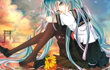 Картинка vocaloid аниме арт isagot hatsune miku девушка школьница форма вокалоид вода небо облака подсолнух цветок