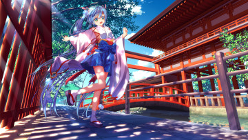 Картинка vocaloid аниме арт вокалоид облака небо деревья мост nazu-na кимоно hatsune miku девушка