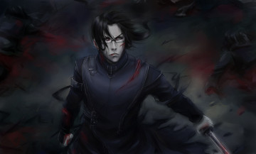 Картинка аниме -weapon +blood+&+technology серьёзность оски мрак раны кровь воин меч брюнет арт парень