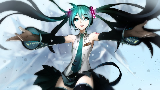 Обои картинки фото vocaloid, аниме, руки, девушка, hatsune, miku, kriss, sison, арт, форма, вокалоид, микрофон