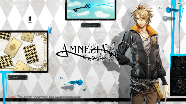 Обои картинки фото аниме, amnesia, карты, ключ, бабочки, рыбки, toma, парень