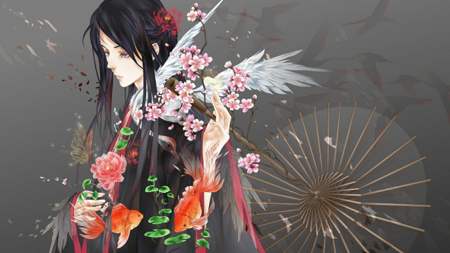 Обои картинки фото eno , mangaka, аниме, -animals, лебедь, цветы, рыбки, зонт, кимоно