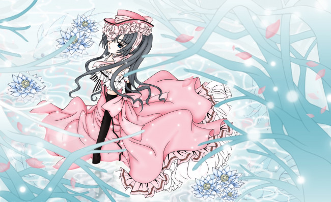 Обои картинки фото аниме, kuroshitsuji, ветви, фантомхайв, тёмный, дворецкий, шляпка, вода, платье, водяные, лилии, сиэль