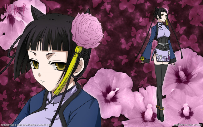Обои картинки фото аниме, kuroshitsuji, мальвы, девушка, тёмный, дворецкий, шатенка, взгляд, розовые, цветы