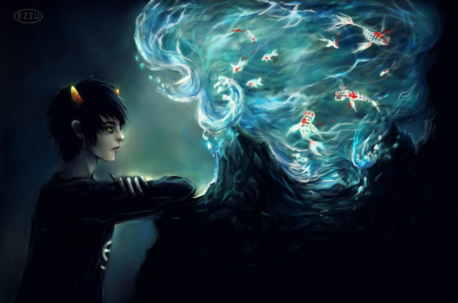 Обои картинки фото аниме, -angels & demons, вода, дым, скелеты, рыбки, рыбы, магия, рога, демон, парень