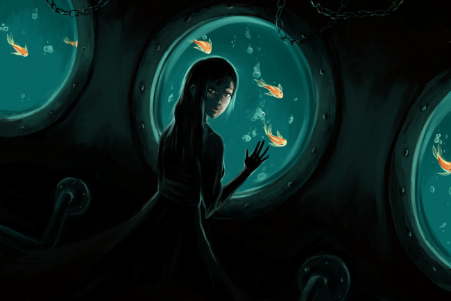 Обои картинки фото аниме, *unknown , другое, темно, рыбки, рыбы, море, иллюминаторы, под, водой, девушка