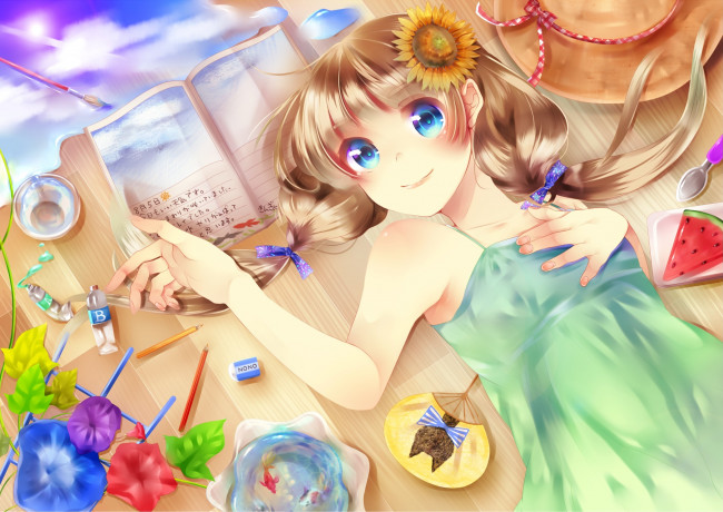 Обои картинки фото аниме, *unknown , другое, тетрадь, девушка, шляпа, арбуз, вода, рыбка, цветы, подсолнух, аним