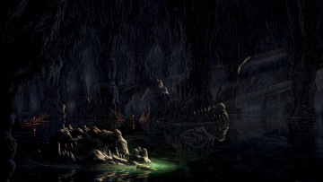 Картинка фэнтези пейзажи озеро факелы лучи люди лодки пещера