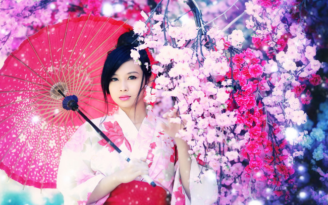 Обои картинки фото девушки, -unsort , азиатки, зонт, макияж, взгляд, брюнетка, цветы, азиатка