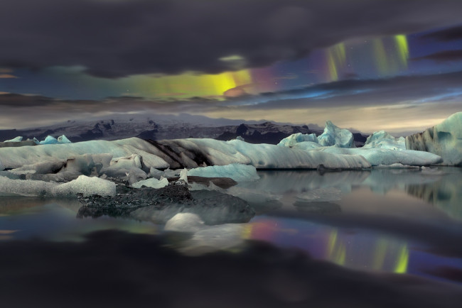 Обои картинки фото природа, северное сияние, океан, горы, айсберги, северное, сияние