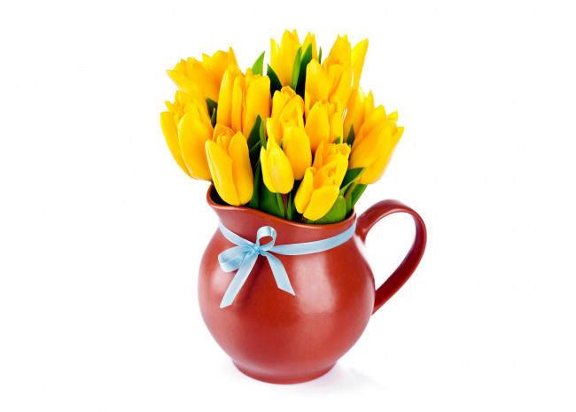 Обои картинки фото цветы, тюльпаны, желтый, лента, кувшин