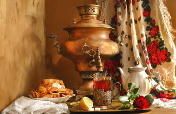 Картинка еда натюрморт масленица блины платок самовар роза чайник лимон чай этно