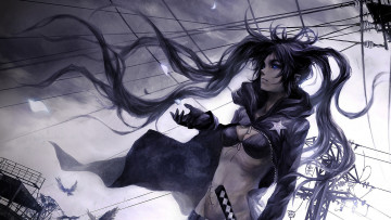 Картинка аниме black+rock+shooter девушка хвосты плащ звезда меч шрам