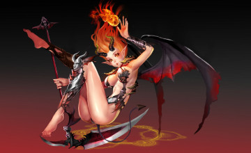 Картинка аниме ангелы +демоны рога взгляд фон девушка крылья