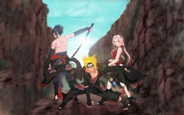 Картинка аниме naruto узумаки наруто саске учиха скалы акацуки бой сакура