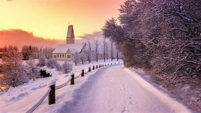Обои картинки фото города, - пейзажи, snow, tree, road, церковь, winter, church, building, зима, снег, дорога