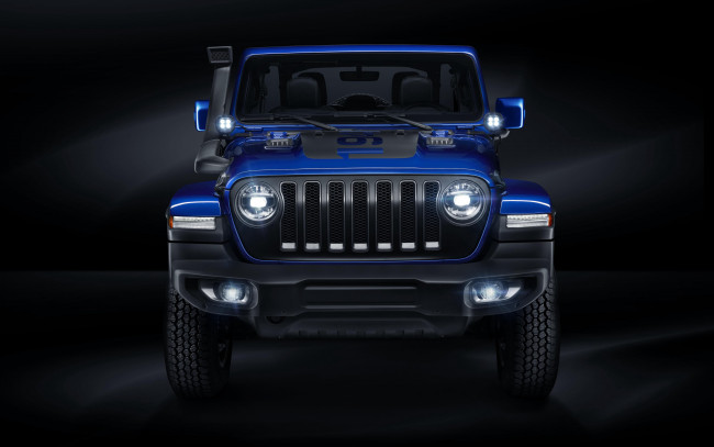 Обои картинки фото jeep wrangler unlimited moparized , 2018, автомобили, jeep, синий, джип, moparized, unlimited, wrangler, front, view, вранглер