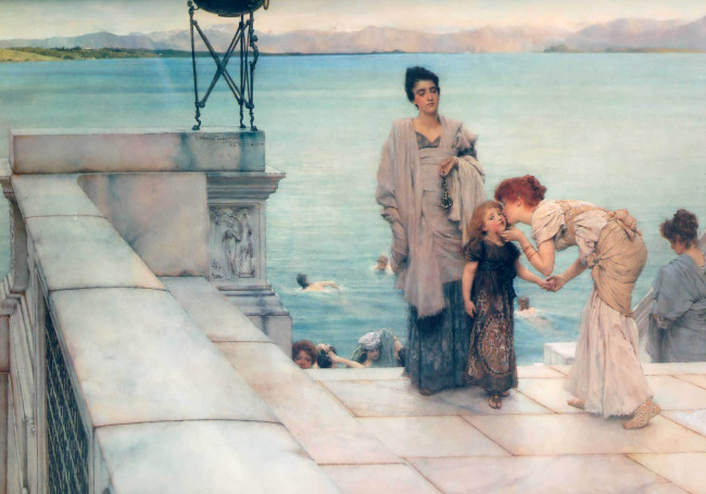 Обои картинки фото lawrence alma tadema, рисованное, lawrence alma-tadema, ступени, ребенок, поцелуй, женщины, озеро, мрамор