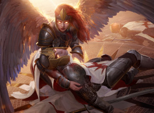 Картинка фэнтези ангелы крылья латы мужчина девушка