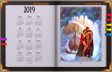 Картинка календари фэнтези книга девушка мужчина оружие ладья парусник