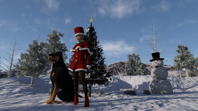 Обои картинки фото 3д графика, праздники , holidays, девушка, фон, взгляд, собака, снеговик