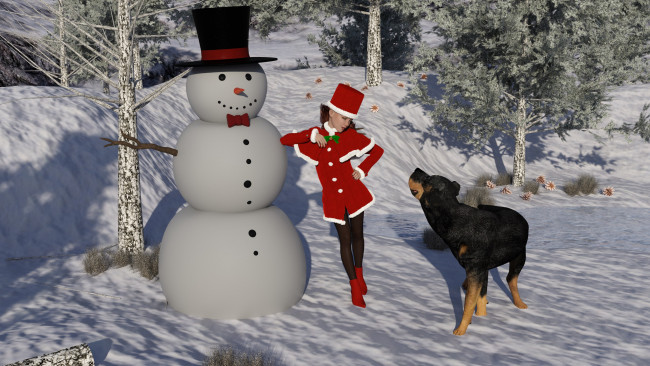 Обои картинки фото 3д графика, праздники , holidays, снеговик, собака, фон, взгляд, девушка