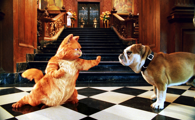 Обои картинки фото кино фильмы, garfield,  the movie, лестница, кот, гарфилд, собака