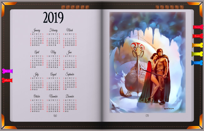 Обои картинки фото календари, фэнтези, книга, девушка, мужчина, оружие, ладья, парусник