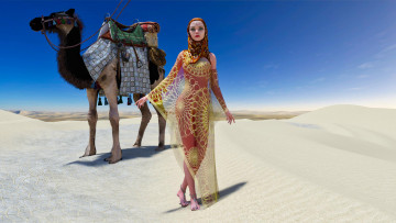 Картинка 3д+графика люди+и+животные+ people+and+animals девушка фон взгляд пустыня верблюд