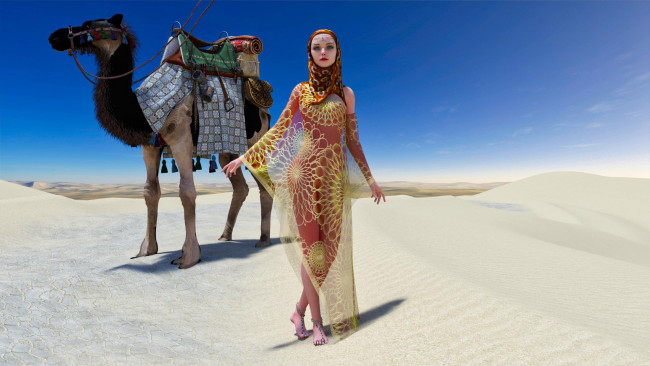 Обои картинки фото 3д графика, люди и животные , people and animals, девушка, фон, взгляд, пустыня, верблюд
