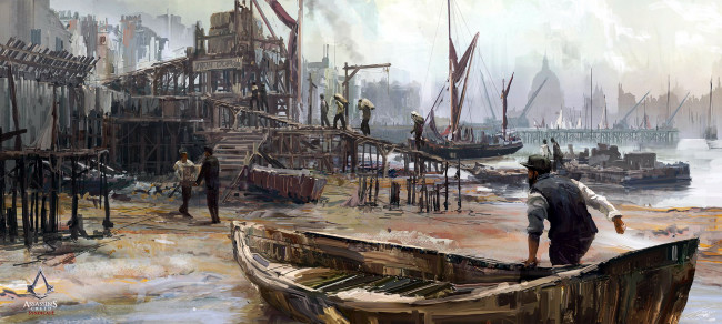Обои картинки фото видео игры, assassin`s creed,  syndicate, порт, люди, лодка, груз, здание